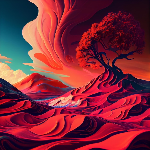 Abstrakte Motion Swirl Paint von Vibrant Red Mountain, Wüstenlandschaft und Baummalerei