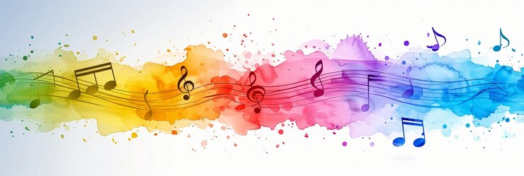 Foto abstrakte musiknoten und zeichen, die eine melodie auf einem lebendigen hintergrundmusikbanner bilden
