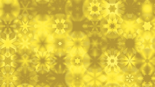 abstrakte Muster mit Schneeflocken und Sternen auf gelbem Hintergrund.