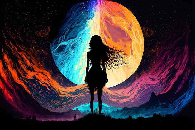 Abstrakte mystische Frauensilhouette vor märchenhaftem Nachthimmel in Blau- und Orangetönen. Neurales Netzwerk generierte Kunst