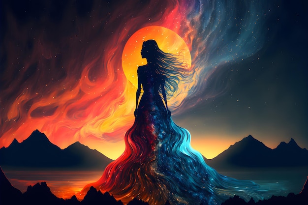 Abstrakte mystische weibliche Silhouette gegen einen märchenhaften, epischen Nachthimmel in blauen und orangefarbenen Tönen Neuralnetz-generierte Kunst