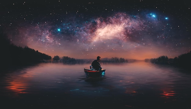 Abstrakte nächtliche Fantasy-Landschaft mit Sternenhimmel ein Boot auf dem Wasser ein See, in dem sich die Galaxie widerspiegelt die Milchstraße das Universum Sterne Planeten 3D-Illustration