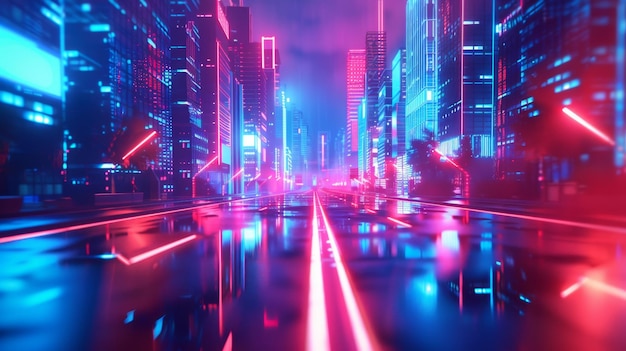 Abstrakte nächtliche städtische Straßenszene mit roten und blauen Neonlichtern, geometrischen Formen auf einem leuchtenden Hintergrund