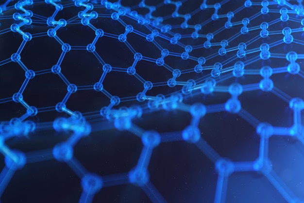 Abstrakte Nanotechnologie hexagonale geometrische Form Nahaufnahme, Konzept Graphen Atomstruktur, Konzept Graphen Molekularstruktur. Wissenschaftliches Konzept, 3D-Illustration