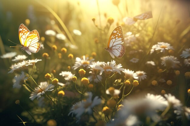Abstrakte Natur Frühling Hintergrund Frühlingsblume und Schmetterling erzeugen KI