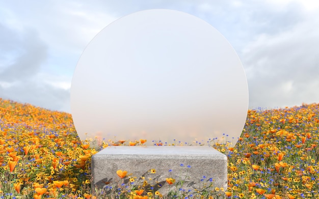 Foto abstrakte naturfeldszene mit podium zur produktpräsentation und milchglashintergrund