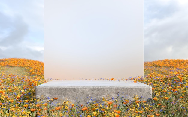 Foto abstrakte naturfeldszene mit podium zur produktpräsentation und milchglashintergrund
