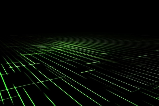Abstrakte neongrüne Laserstrahlen über einem dunklen Hintergrund ultraviolettes Spektrum Generative KI