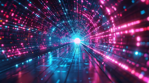 Abstrakte Neonlichter in einen digitalen Technologie-Tunnel Futuristische Technologie abstrakter Hintergrund mit Linien für Netzwerk Big Data Data Center Server Internetgeschwindigkeit 3D-Modell