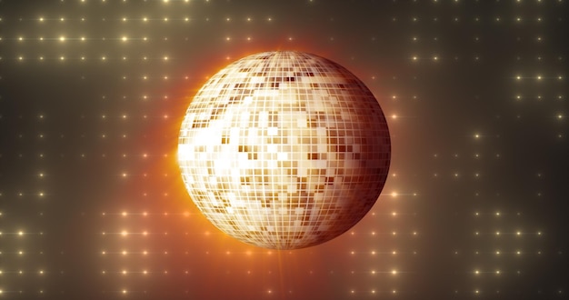 Abstrakte orange-gelbe, verspiegelte, sich drehende, runde Discokugel für Diskotheken und Tänze in Nachtclubs