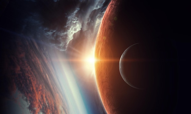 Abstrakte Planeten und Raumtextur mit Sonnenaufgang und Wolken