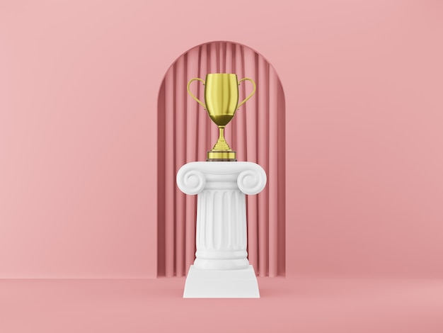 Abstrakte Podiumsäule mit einer goldenen Trophäe auf dem rosa Hintergrund mit Bogen-3D-Darstellung