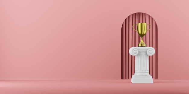 Abstrakte Podiumsäule mit einer goldenen Trophäe auf dem rosa Hintergrund mit Bogen. Das Siegesockel ist ein minimalistisches Konzept. 3D-Rendering.