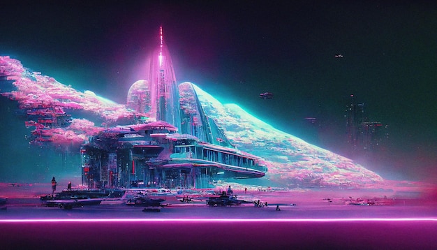 Abstrakte Retro-futuristische Scifi-Synthwave-Landschaft im Weltraum mit Sternen Vaporwave stilisierte 3D-Illustration für EDM-Musik Ai-Rendering