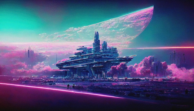 Abstrakte Retro-futuristische Scifi-Synthwave-Landschaft im Weltraum mit Sternen Vaporwave stilisierte 3D-Illustration für EDM-Musik Ai-Rendering