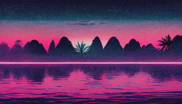 Abstrakte Retro-futuristische Scifi-Synthwave-Landschaft im Weltraum mit Sternen Vaporwave stilisierte 3D-Illustration für EDM-Musik Ai-Rendering