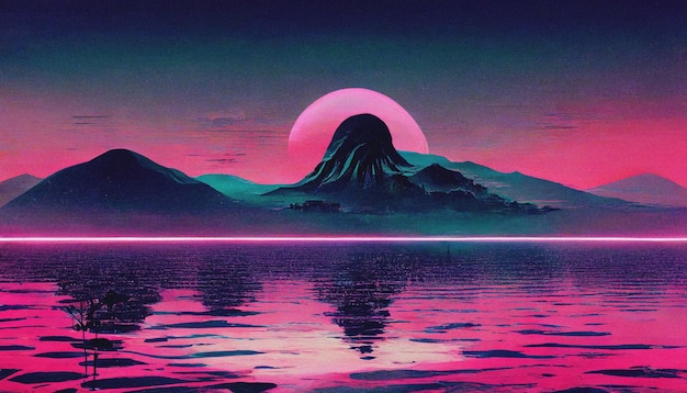 Abstrakte Retro-futuristische Scifi-Synthwave-Landschaft im Weltraum mit Sternen Vaporwave stilisierte 3D-Illustration für EDM-Musik Ai-Rendering