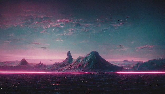 Abstrakte Retro-futuristische Scifi-Synthwave-Landschaft im Weltraum mit Sternen Vaporwave stilisierte 3D-Illustration für EDM-Musik Ai-Rendering