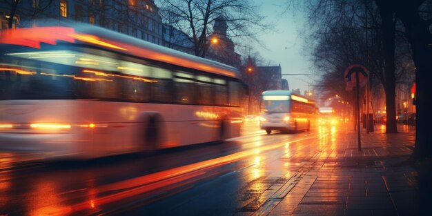 abstrakte retro verschwommene Stadtbusfahrten durch die Abendstadt