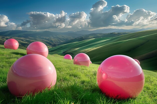 Abstrakte rosa Kugeln in der grünen Wiese surrealistische Landschaft generative ai