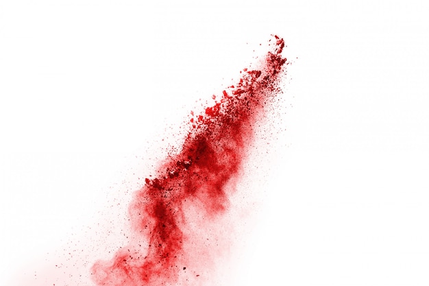 abstrakte rote Staubexplosion auf weißem Hintergrund.