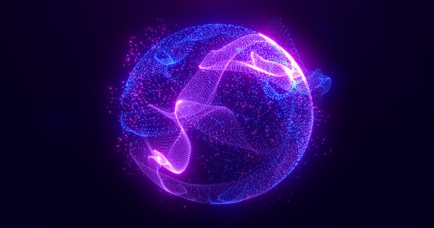 Abstrakte runde blaue bis violette Kugel hell leuchtend von Energiestrahlen und magischen Wellen