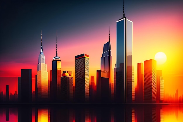Abstrakte Skyline der Stadt Wolkenkratzer städtisches Stadtbild Sonnenuntergang New York City Architekturhintergrund