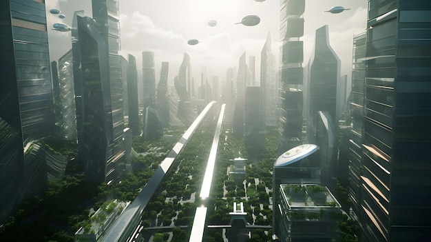 Abstrakte Skyline einer utopischen futuristischen Stadt mit hoch aufragenden Gebäuden und einer surrealen jenseitigen Atmosphäre