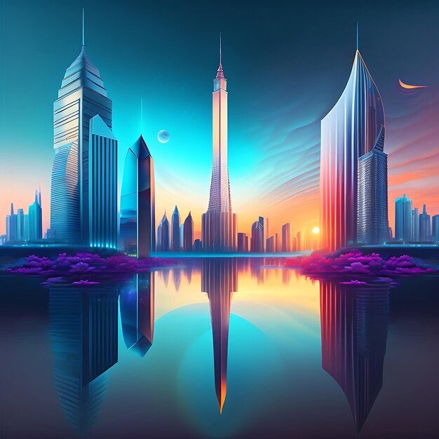 Abstrakte surreale Stadtlandschaft Skyline-Kunstwerk Reflexion von Wolkenkratzern im Wasser Illustration