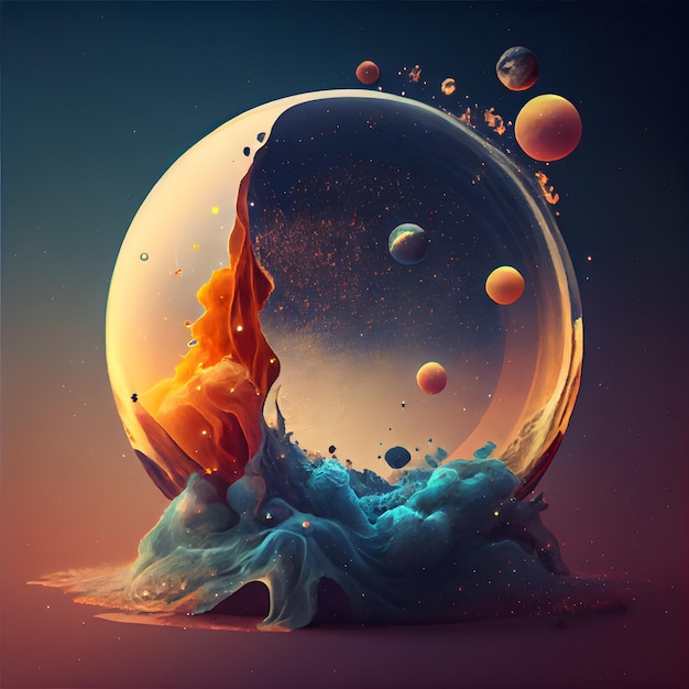 Abstrakte Szene mit Planet und Aquarellspritzer 3D-Illustration