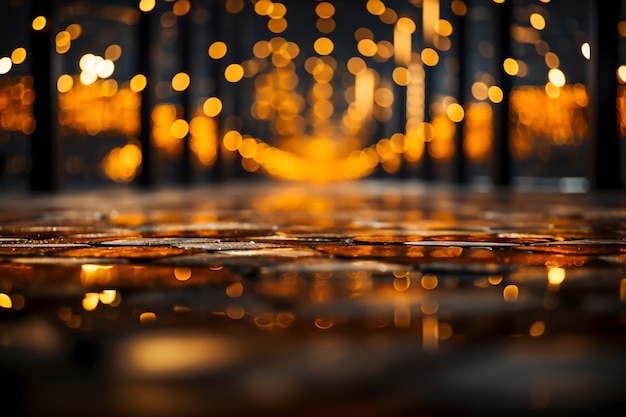 Foto abstrakte szene von schwarzem spiegelboden bokeh beleuchtung gold glitter für den einsatz in grafiken generative ai