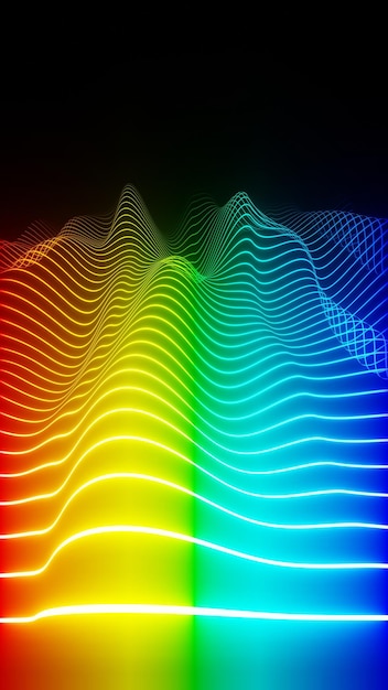 Abstrakte Technologie Bunte, helle, leuchtende Neonwelle Audio Visualizer Hintergrund vertikale 3D-Darstellung