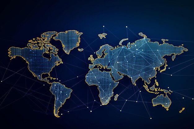 Abstrakte Technologie-Hintergrund mit Weltkarte und Verbindungsleitungen mit KI generiert