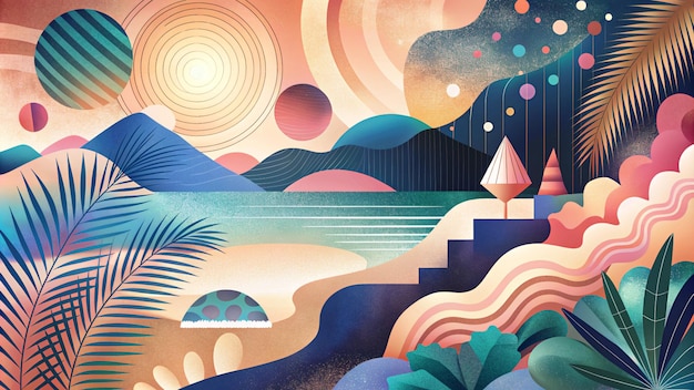 Abstrakte tropische Landschaft mit Strand und Palmen in einer lebendigen Farbpalette