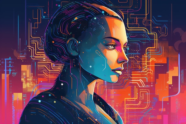 Abstrakte und retro-futuristische Roboterfrau-Illustration mit mehrfarbigem Laser-Neon-Effekt