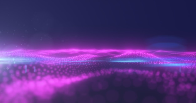 Abstrakte violette Energieoberfläche mit magischen Wellen aus Partikeln und Punkten mit einer Endung
