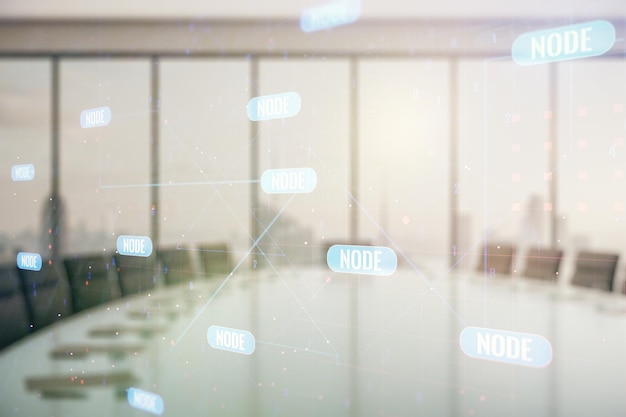 Abstrakte virtuelle Coding-Illustration auf einem modernen Coworking-Raum-Hintergrund, Software-Entwicklungskonzept, Mehrfachbelichtung