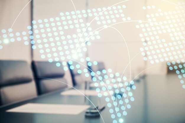 Abstrakte virtuelle Weltkarte mit Verbindungen auf einem modernen Konferenzraum Hintergrund internationales Handelskonzept Mehrfachbelichtung