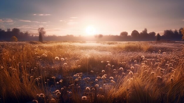 Abstrakte warme Landschaft mit trockenen Wildblumen- und Graswiesen bei warmem Sonnenuntergang zur goldenen Stunde Generative Ai