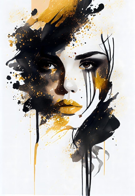 Abstrakte weibliche Gesichtssilhouette schwarz golden weiche Aquarellmalerei Spritzer Schönheit Make-up Illustration Generative Ai