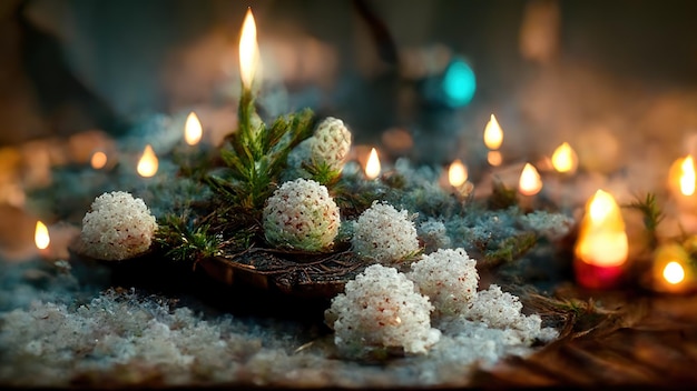Abstrakte Weihnachtsdekorationen aus natürlichen Materialien in mystisch atmosphärischem festlichem Abendinterieur