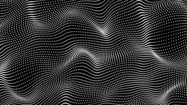 Abstrakte weiße Farbpunkte Partikel fließende Wellen animierte Muster Halftone Gradient Kurvenform isoliert auf schwarzem Hintergrund