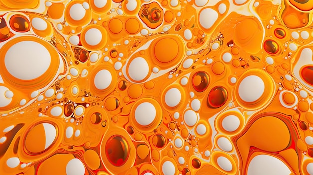 Abstrakte weiße Farbtropfen gemischt mit orangefarbenem Ölhintergrund. Nicht vermischende Flüssigkeitsmuster. Generative KI
