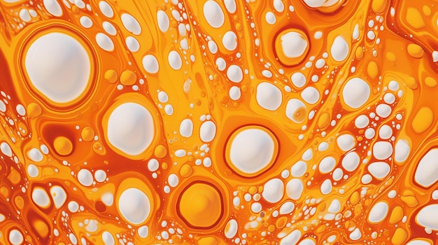 Abstrakte weiße Farbtropfen gemischt mit orangefarbenem Ölhintergrund. Nicht vermischende Flüssigkeitsmuster. Generative KI