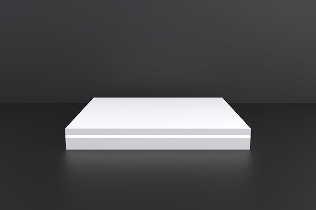 Abstrakte weiße quadratische Sockelbühne auf schwarzem Hintergrund, leeres weißes Podium für gegenwärtiges Werbeprodukt