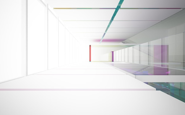Abstrakte weiße und farbige Verlaufsgläser im mehrstöckigen öffentlichen Raum mit Fenster. 3D