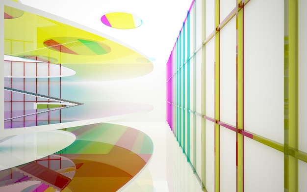 Foto abstrakte weiße und farbige verlaufsgläser im mehrstöckigen öffentlichen raum mit fenster 3d