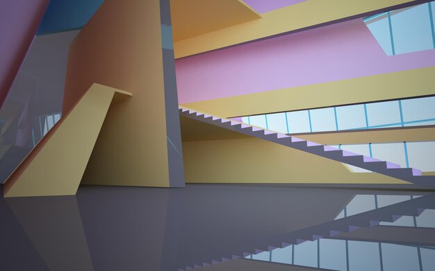 Abstrakte weiße und farbige Verlaufsgläser im mehrstöckigen öffentlichen Raum mit Fenster 3D