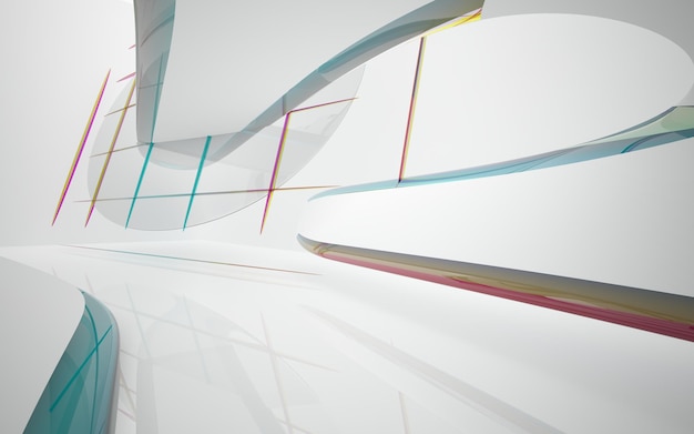 Abstrakte weiße und farbige Verlaufsgläser im mehrstöckigen öffentlichen Raum mit Fenster. 3D