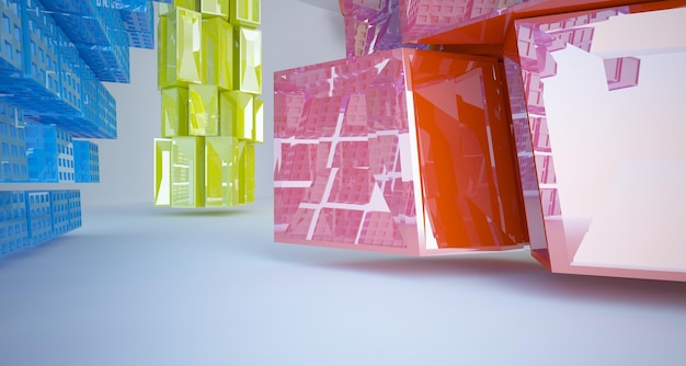 Abstrakte weiße und farbige Verlaufsgläser im mehrstöckigen öffentlichen Raum mit Fenster 3D